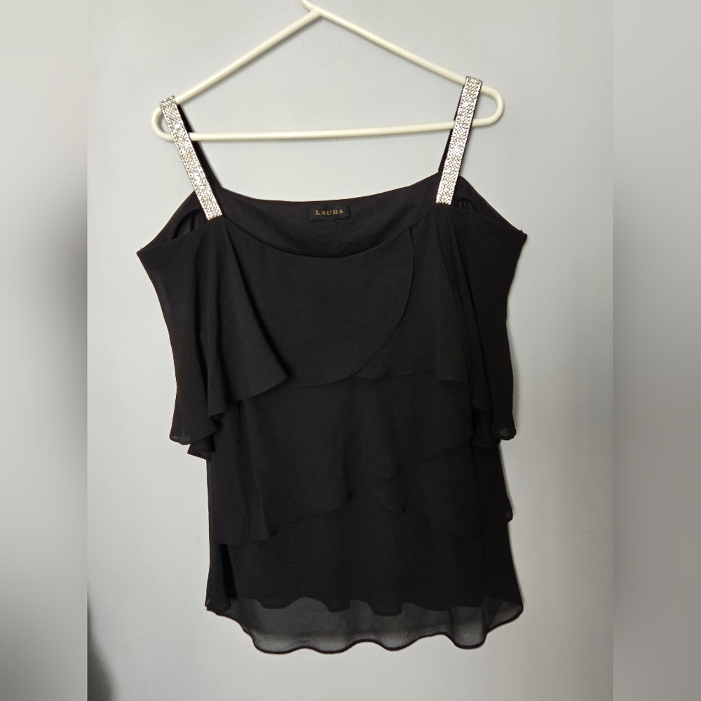 4 for $30 🌈 Black Sheer Layered Open Shoulder Sparkle Strap Top size 1X